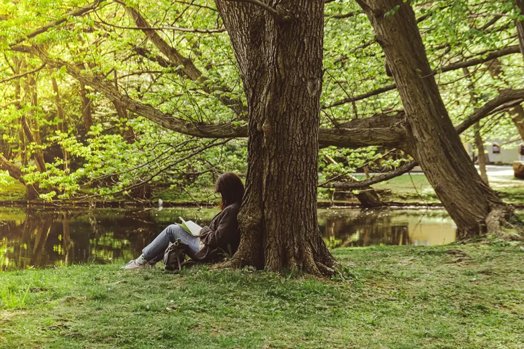 young woman reading book while sitting against a tree