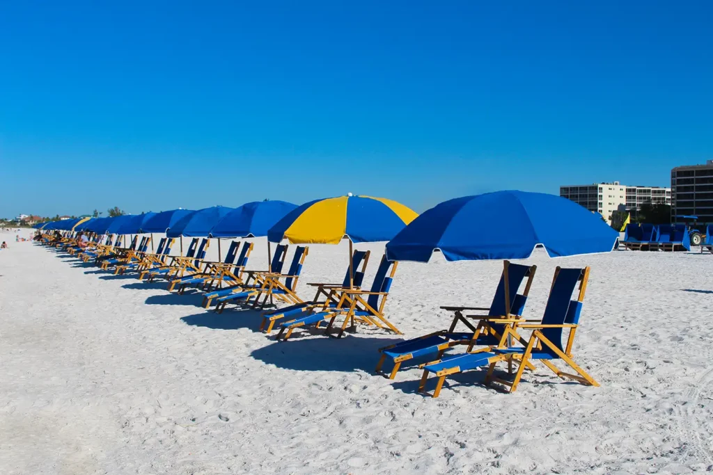 beach chairs and umbrellas lined up on a florida beach